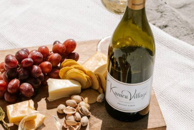 Closeup of wine and cheeseboard